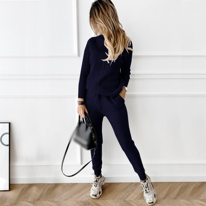 Women's Solid Color Sweater Set Fashion Casual Thread Turtleneck Pullovers Elastic Trousers Knitted Two Piece Sets Autumn Winter