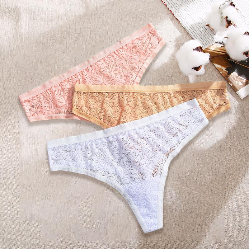 3Pcs/Set Women Sexy Lace Panties Lingerie Floral Sexy Low Waist Deep Color Thongs Ladies Underwear Fashion Soft Underpants S-XL
