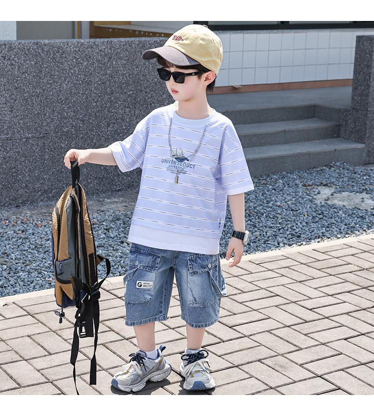 Boys' Summer Striped Short Sleeve Set 2026 New Style Handsome and Fashionable Little Boys' Summer Fashion Cool Wear with Jeans