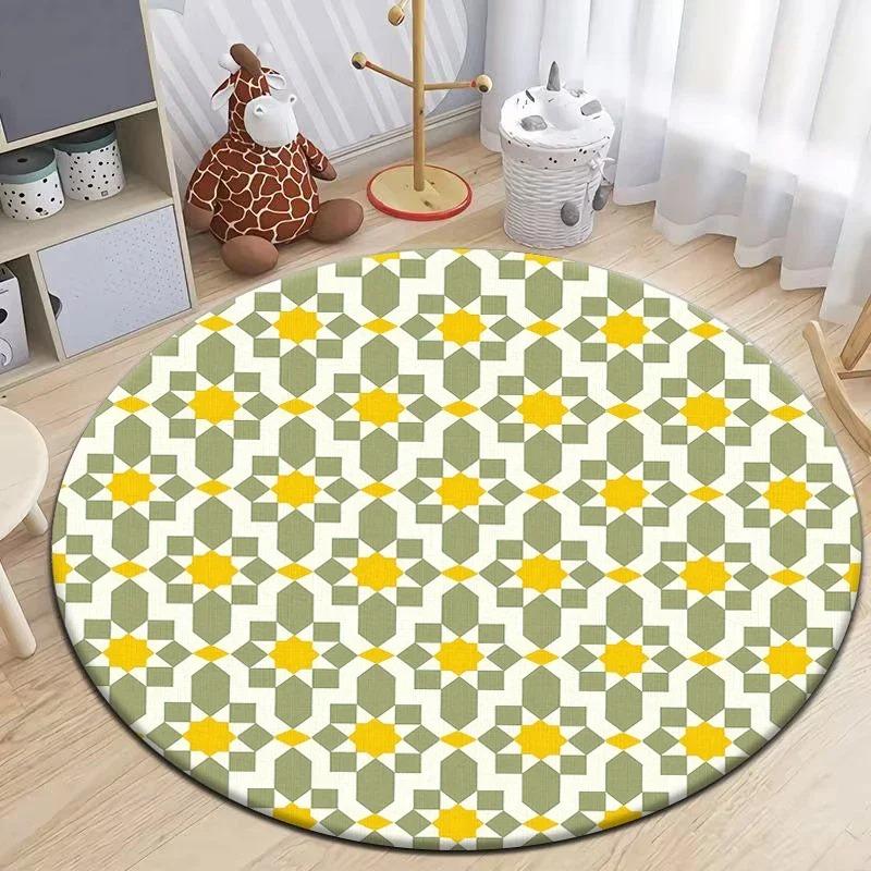 Moroccan Style Print Round Living Room Area Rug Camping Picnic Mat Non-Slip Yoga Door Floor Mat