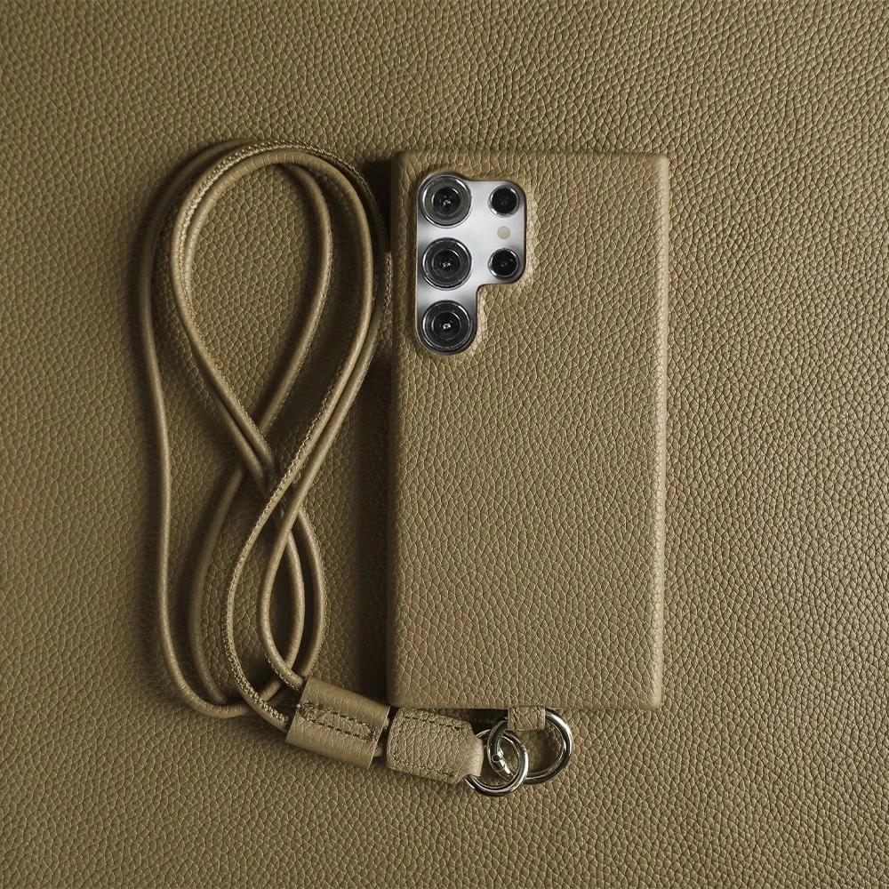 Lychee Grain Leather Case for Samsung Galaxy S26 Ultra S25 Edge S24 Plus S23 S22 S21 S20 FE Phone Cover with Crossbody Strap