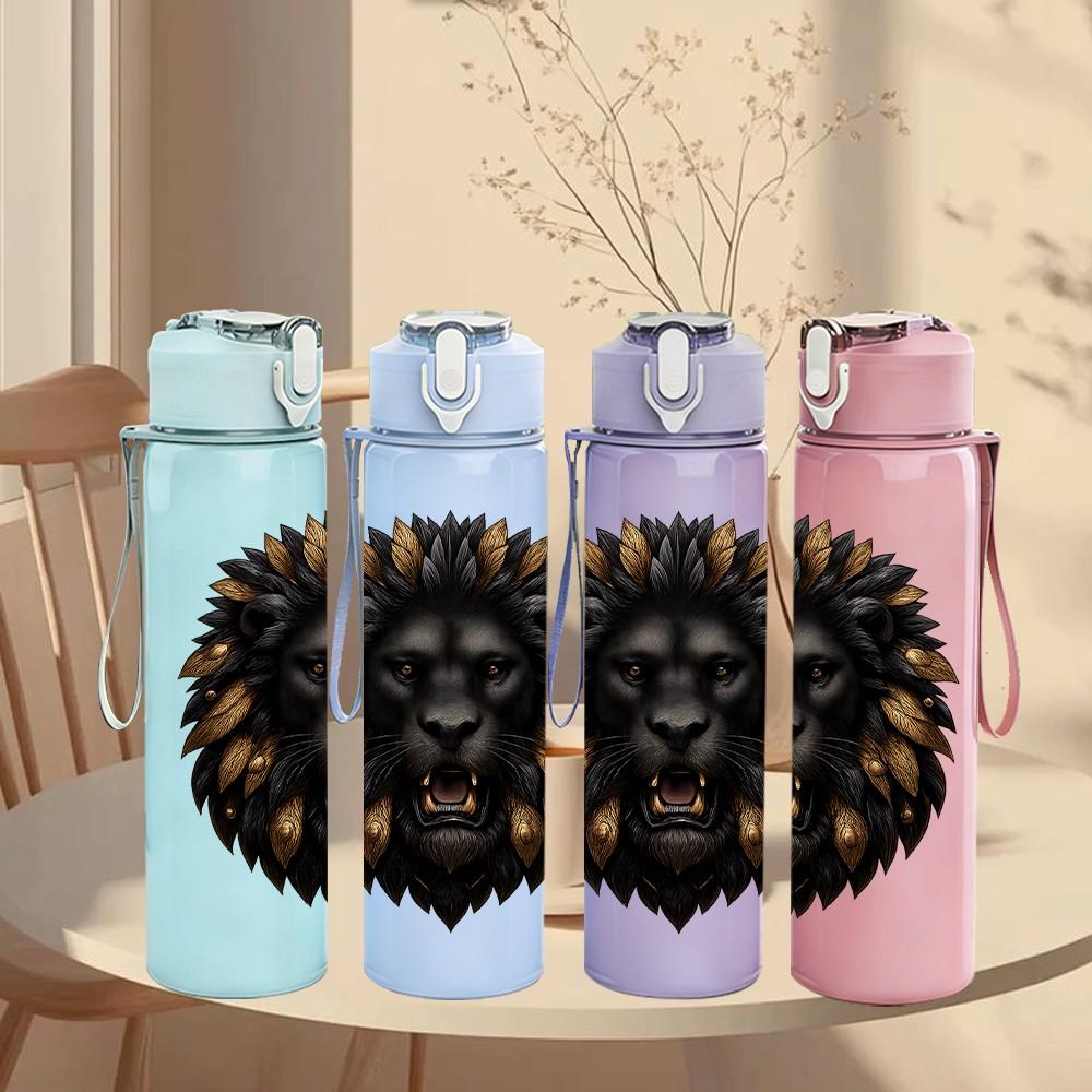1PC Dark Lion Head Portrait 750ml Color Plastic Sports Water Bottle Leakproof Flip Straw Lid Suitable for Sports Office Home Use