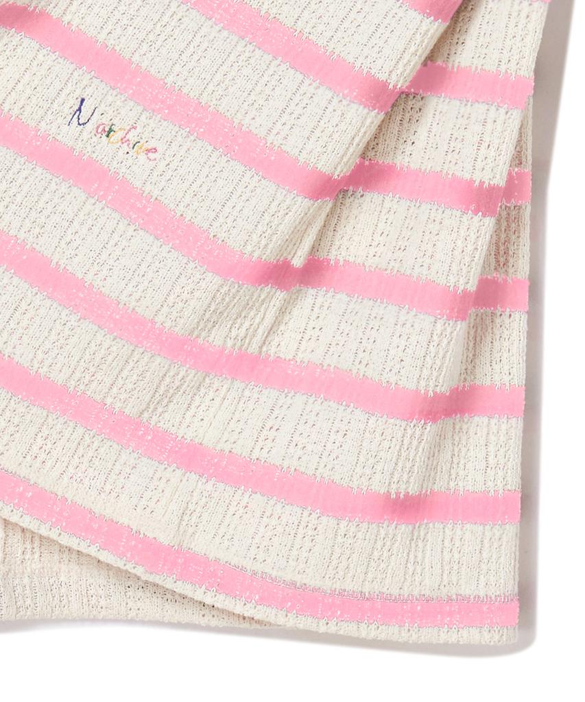 BEYOND CLOSET [Collection Line] Lux Cotton Stripe Henley Neck Short Sleeve Knit Pink