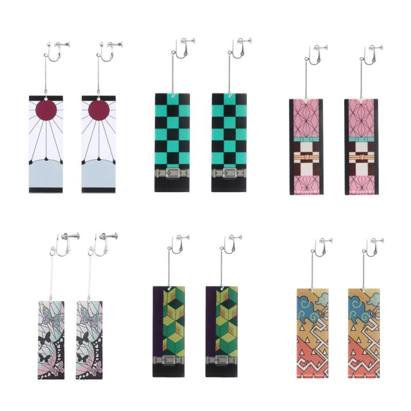 Japanese Anime Men Green Black Checkered Tanjiro Kamado Cosplay Kimono Women Acrylic Ear Clip Accessory Suit Nezuko Kamado Coat