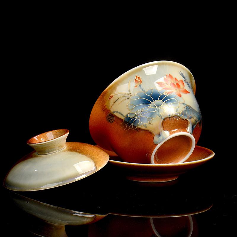Расписанный вручную лотос гайвань керамический фарфоровый чайник-пиала вращающаяся крышка блюдце винтажные чайные чашки чайная церемония чайная посуда посуда для напитков