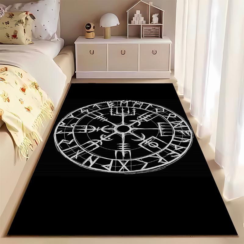 Area Rug, Norse Viking Vegvisir Rune Compass White Sketch Black Print, Man Cave Decor, Non-Slip Mat