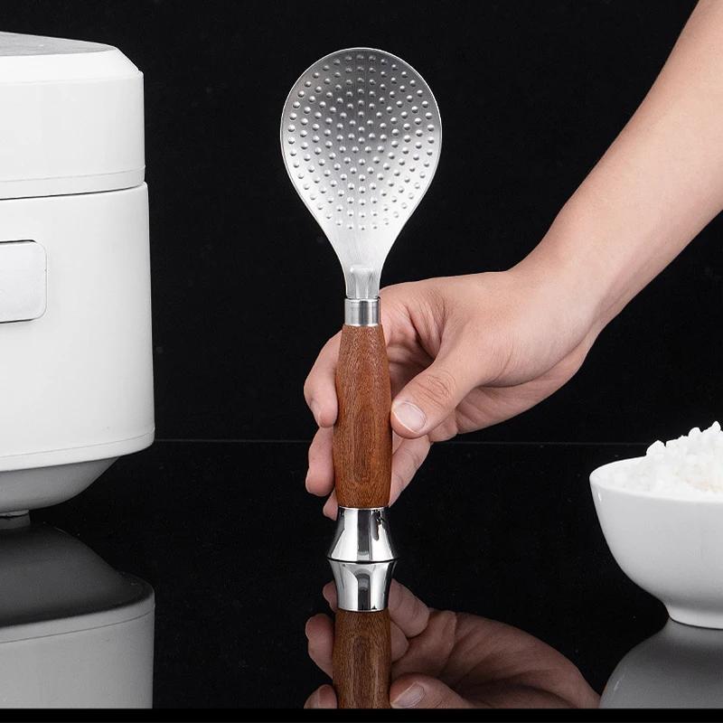 304 Stainless Steel Wooden Handle Rice Spoon Standing Design Round Edge Heat-resistant Non-stick Rice Paddle Kitchen Gadgets