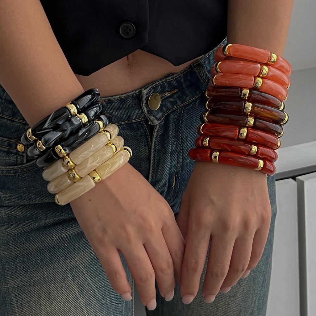 Vintage Acrylic Bamboo Beads Bracelet for Women Multi Color Stretchy Resin Girls Charm Couple Bangles Gift Men Jewelry