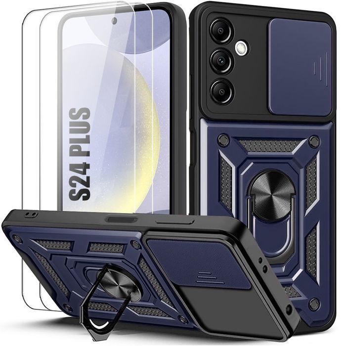 Protective Case - BOOLING - for Samsung Galaxy S24 Plus - Shockproof - Rotating Ring - 2 Tempered Glasses