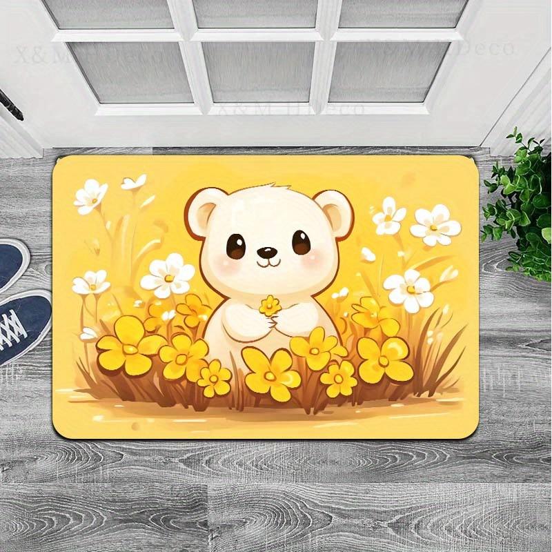 1pc, Cute Cartoon Bear with Flowers, 8mm Thick, Machine Washable, Rectangular Polyester Door Mat, PVC Backing, for Entryway, Lau