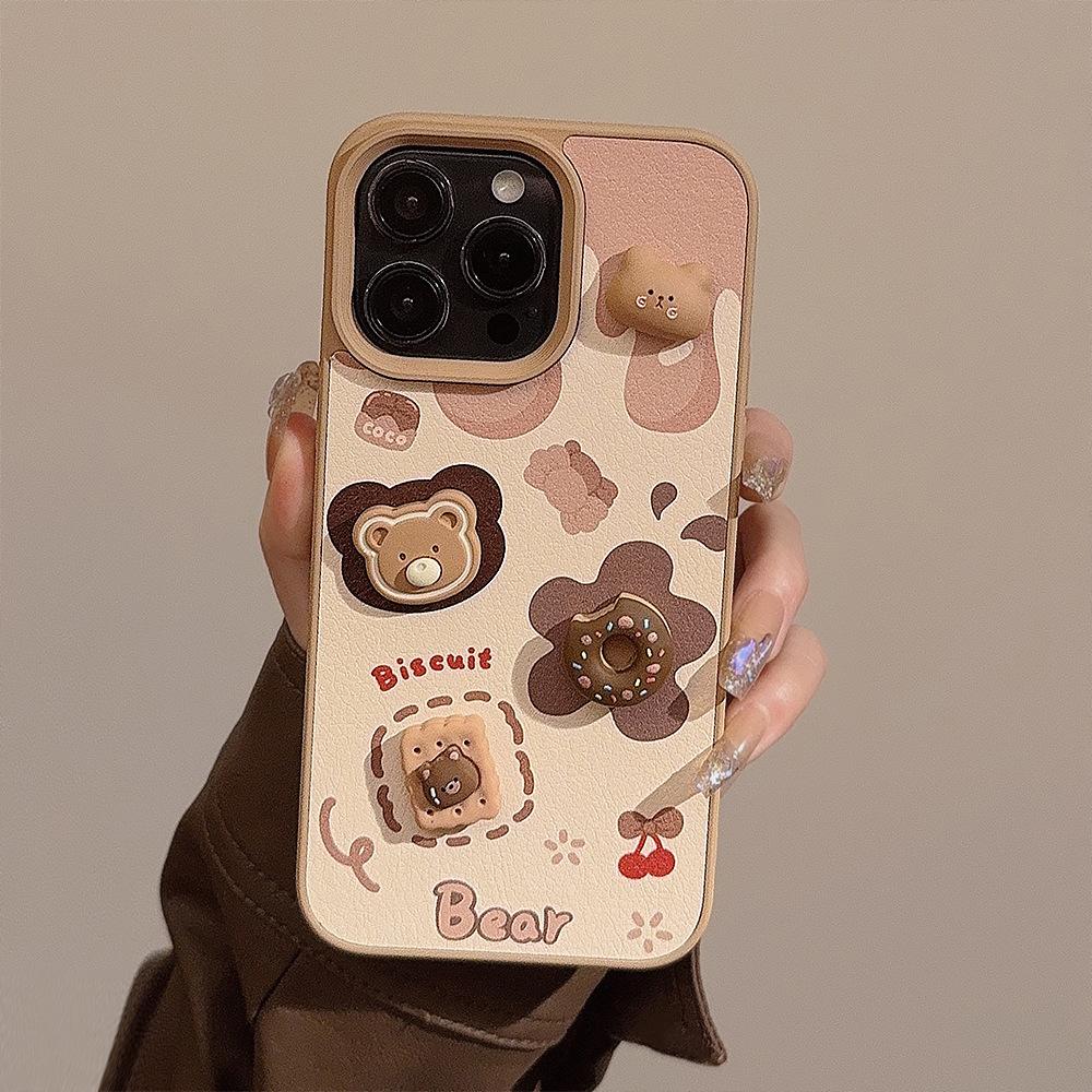 3D чехол-медвежонок с яблоком из кожи для IPhone 16/17 Pro Max, IPhone 13/15, с милым ремешком