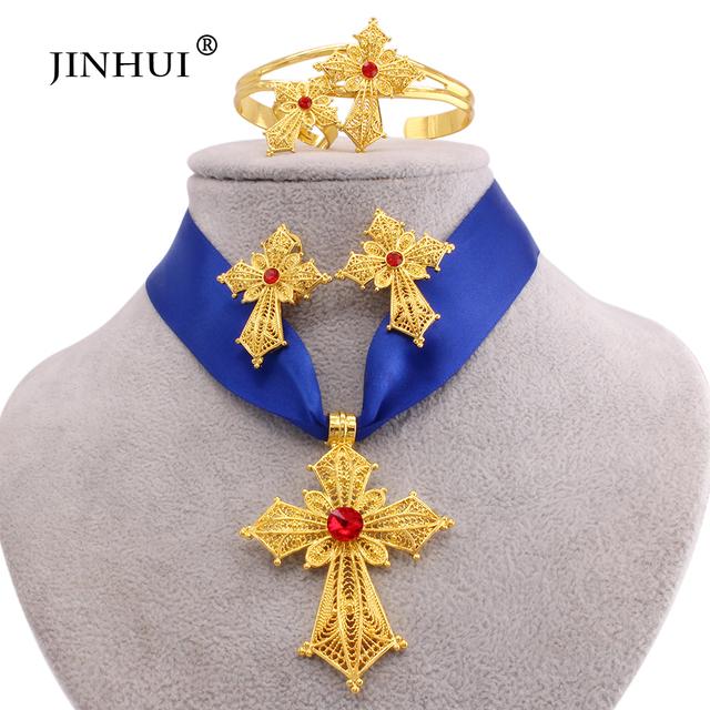 Эфиопский позолоченный крест, ювелирные наборы, кулон, ожерелье, серьги, кольцо, Дубай, подарки для женщин, свадебный комплект из Эритреи