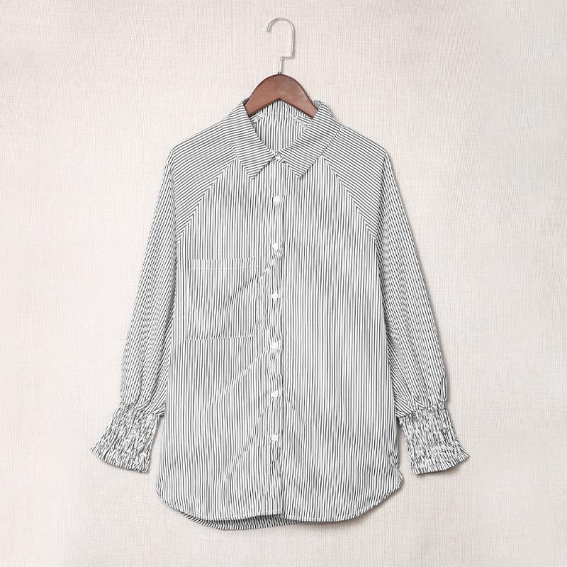 Новые женские весенние и осенние топы, полосатые рубашки с воротником-стойкой, свободные женские рубашки с длинными рукавами и пузырьками