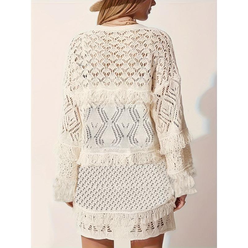 Women Loose Long Sleeve Hollow Out Knit Casual Open Cardigan Sweater