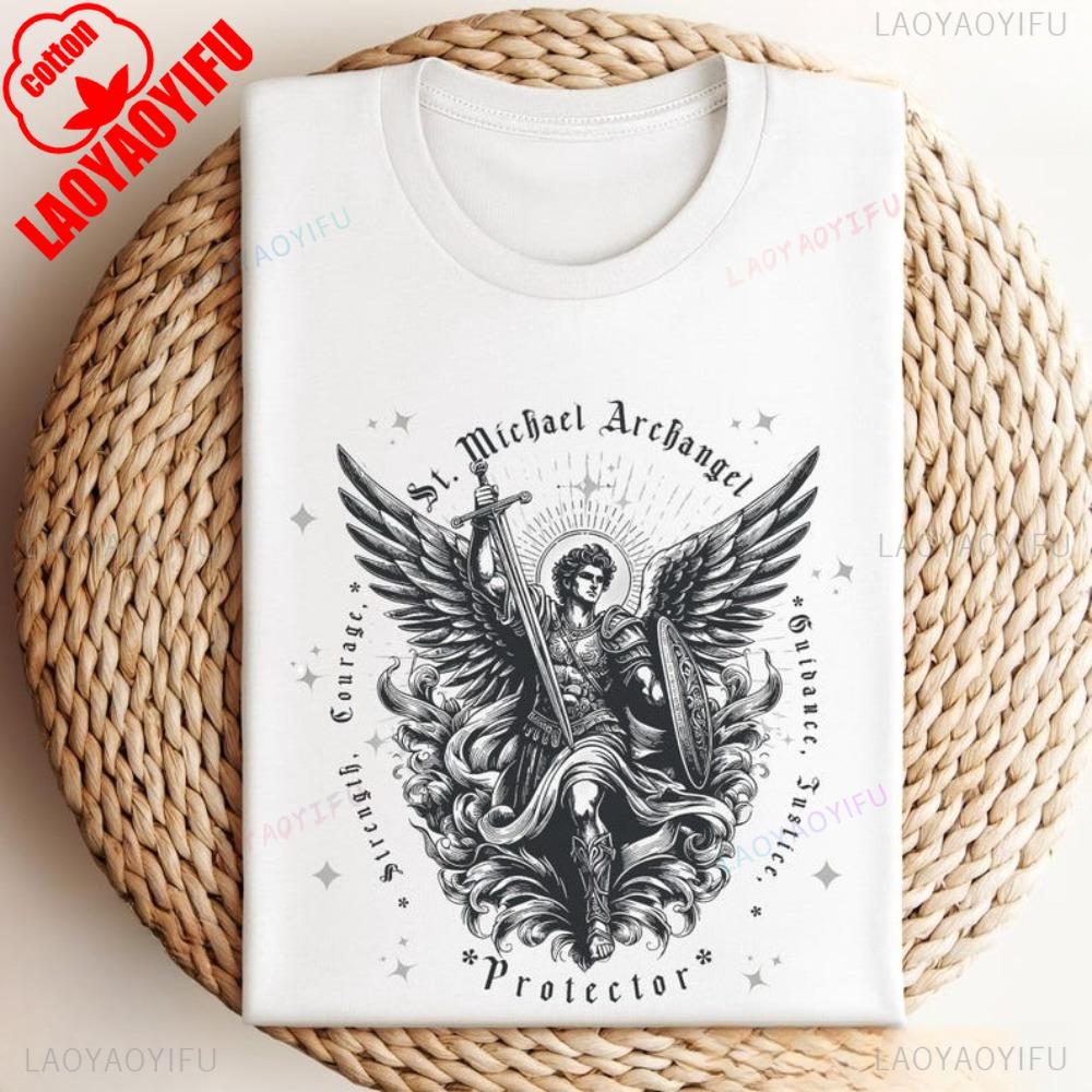 St Michael Archangel Tshirt Catholic Vintage ClipArt Gifts Shirt Retro Church Clothing Devotional Men Women Cotton Tee Tops