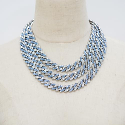 Мужская цепочка-кубинка Takeda Jewelry, полностью усыпанная синими стразами, Серебристая, Широкая цепь, Аксессуар в уличном стиле, 45/50/55 см (55см)