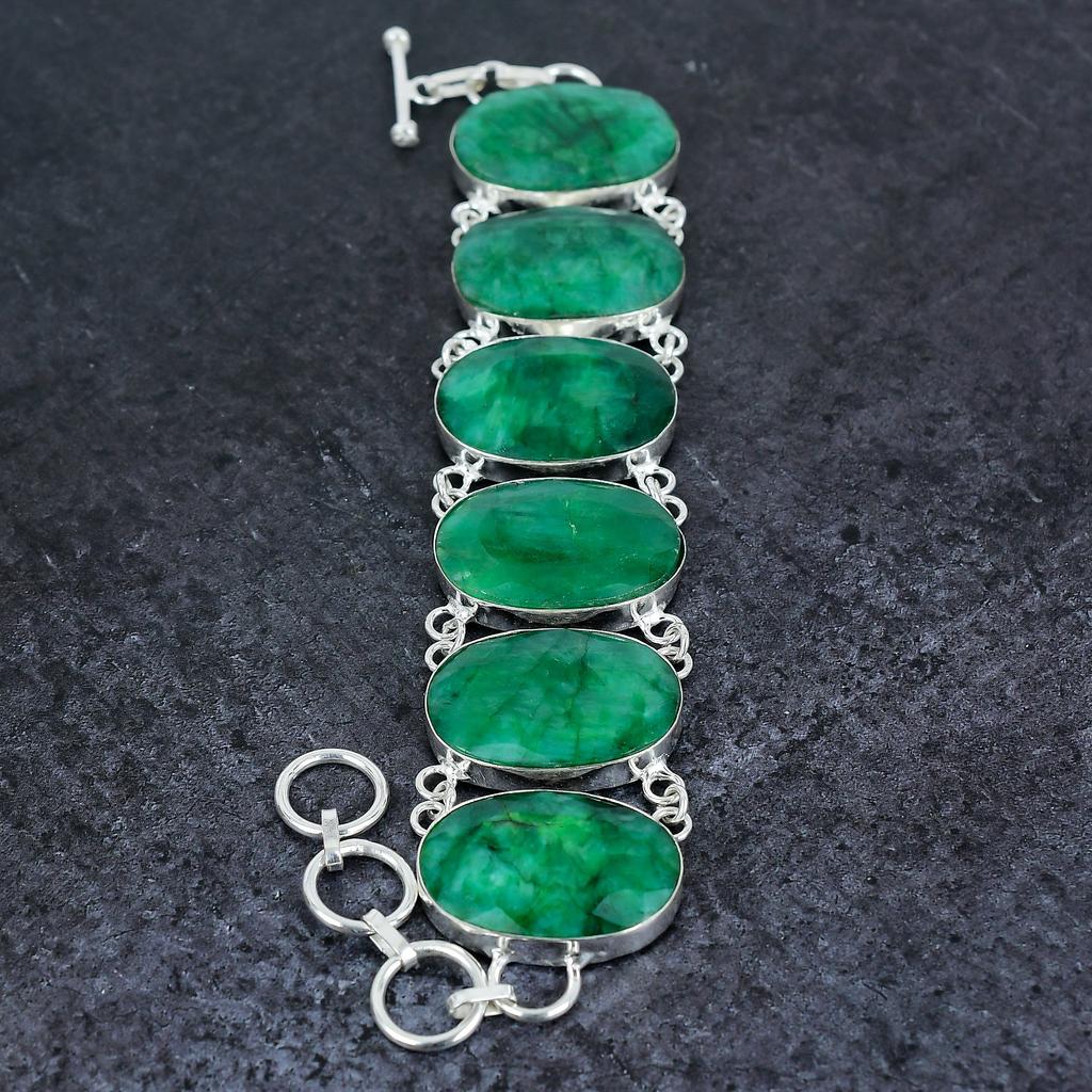 Natural Emerald Gemstone Handmade 925 Sterling Silver Bracelet 7-8" C5i23