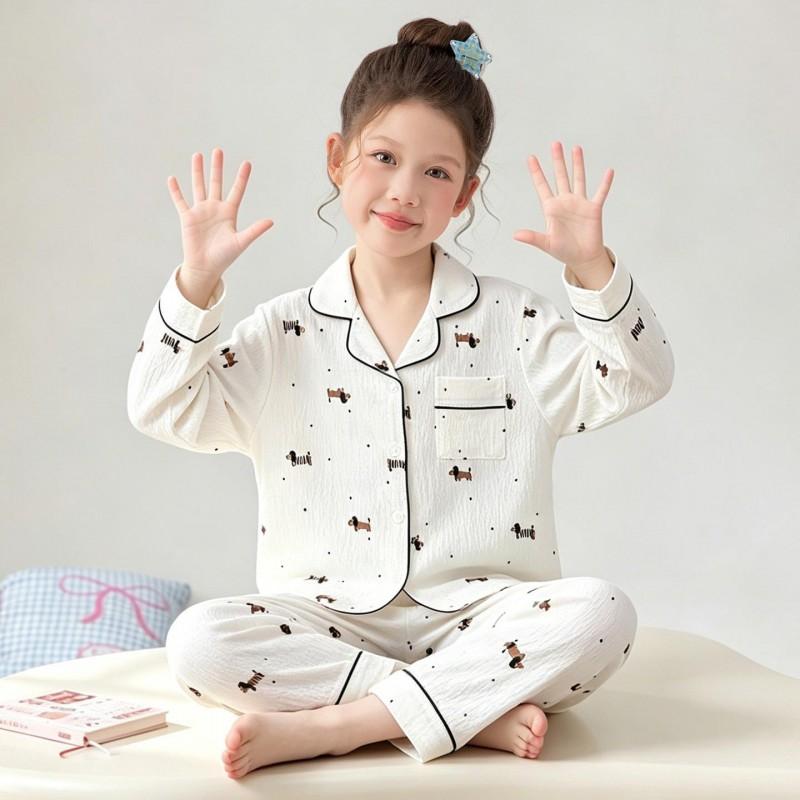 Girls Long Sleeve Cloud Cotton Pajamas Set Cute Open Front Homewear