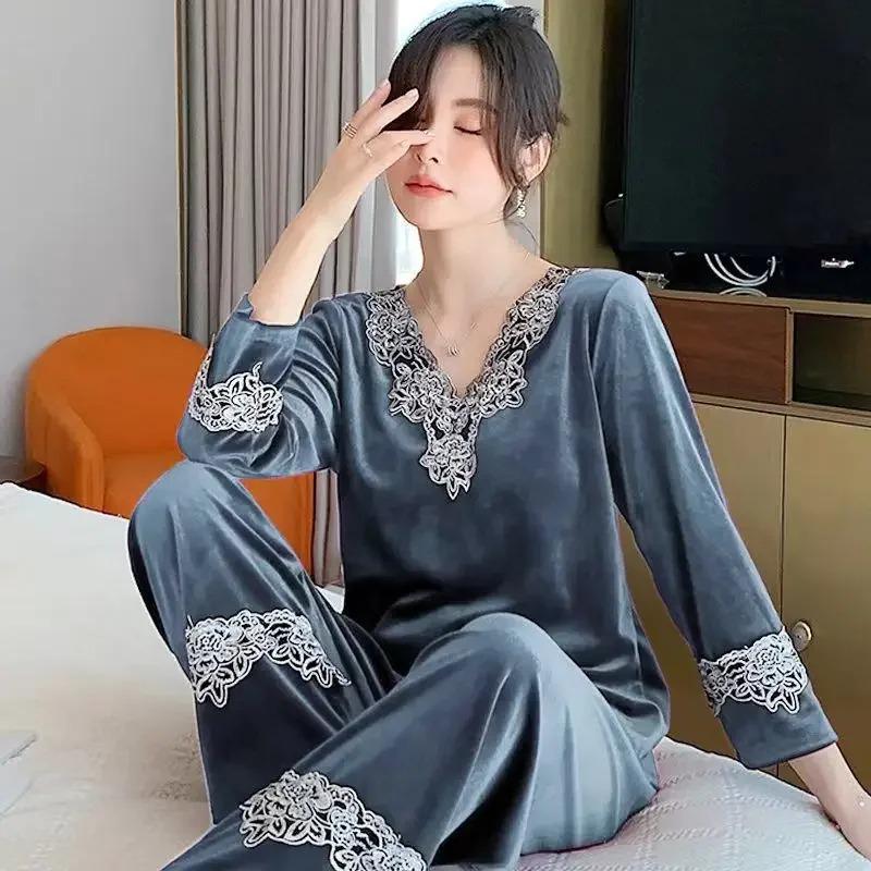 Осенний Холодный Сезон Стиль Кружевная Девятиquarter Рукав Топ Широкие Штаны Домашняя Одежда Домашнее Платье Леопардовый Принт Канареечный Бархат Пижама Комплект Для Женщин