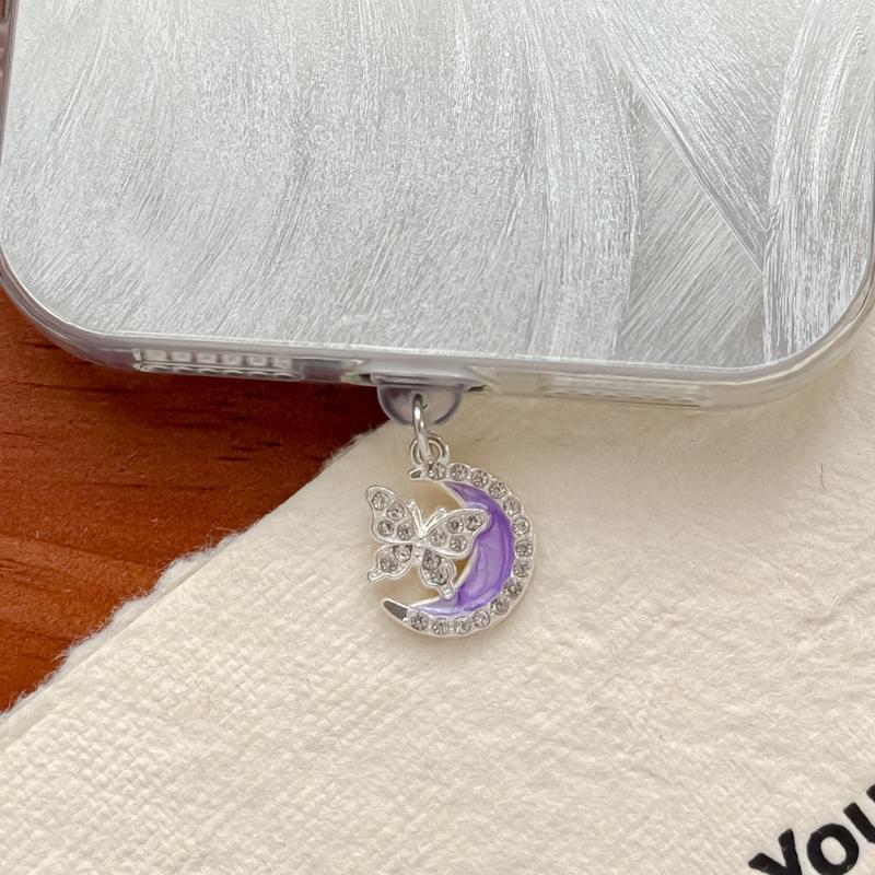 Unique Moon Butterfly Phone Dust Plugs Rhinestone Enamel Craft Charging Port Protection Decor for Phone Accessory Lovers Girls