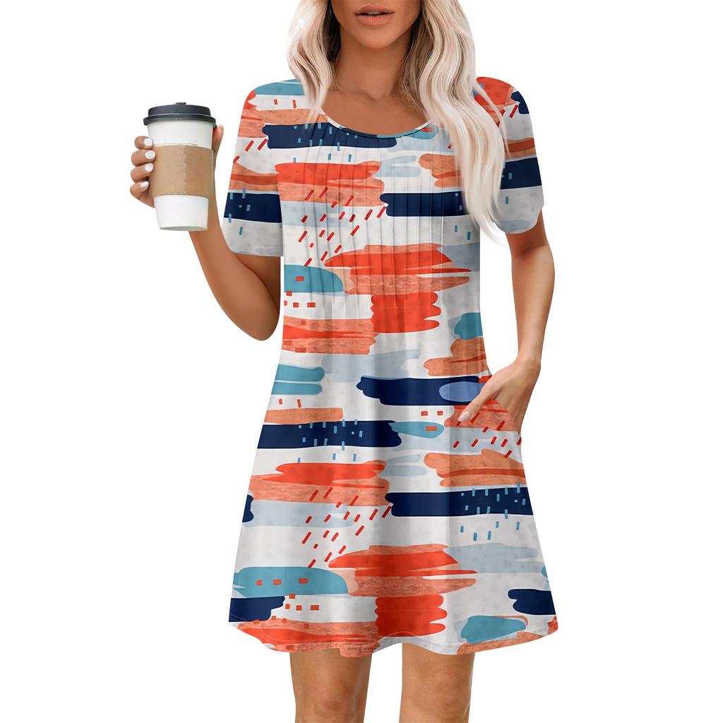 Women's Summer Dress Loose Beach Vacation Casual Round Neck Short Sleeve Sundress With Pocket Short Sleeve Shirt Dress