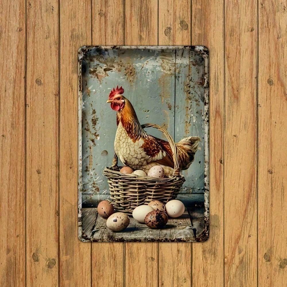 ROSTOFARM Винтажная металлическая настенная табличка 8x12 дюймов Декор для фермерского дома Деревенский дизайн с курицей и яйцами Окрашенная железная табличка для крыльца, сада, кухни