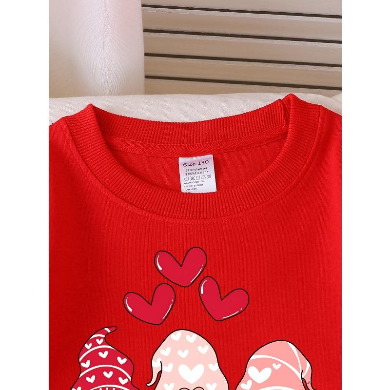 Valentine's Day Fashion Girls' Polyester Long-Sleeve Crewneck SweatshirtLove Gnomes Hearts Valentine Soft, Comfortable, Warm