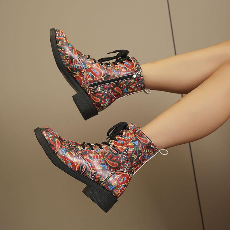 European and American Fashion Boots 2024 Winter New Print British Style Exterior Thin Versatile Women's Leather Boots Platform