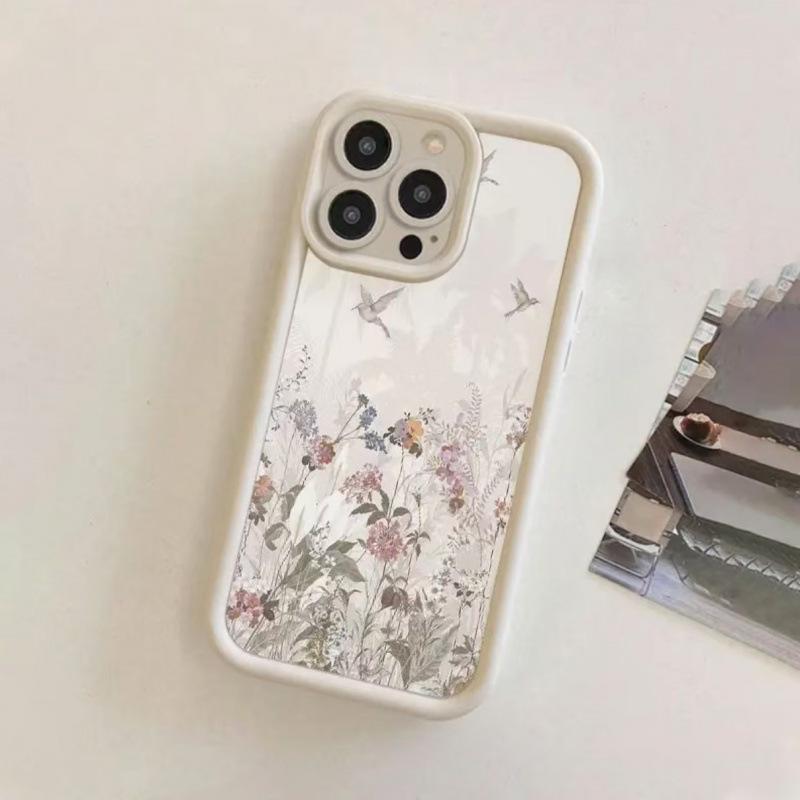 Модный Белый Чехол для Телефона с Цветочным Рисунком и Яблоком для 14Pro, 15, 16, 17, 15ProMax
