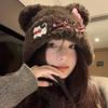 Cute Bow Bear Cat Plush Hat Female Autumn and Winter Show Small Face Warm Ear Protection Big Head Circumference Hat