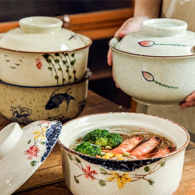 Керамическая миска для рамена с крышкой, безопасная для микроволновой печи, для предотвращения проливания, контейнер для подачи супа и лапши, для дома, ресторана, кухни