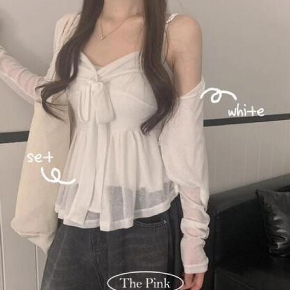 The Pink Women Arlen Ribbon Chiffon Bustier Top + Sheer Cardigan Set