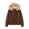 Womens Oversized Cargo Jacket With Faux Fur Collar Hooded Short Coat In Vintage Brown Slim Fit Streetwear