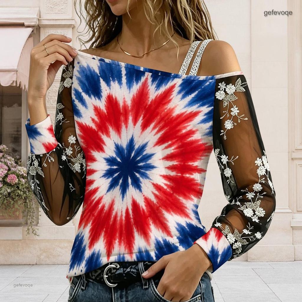 Women Plus Size Asymmetric Cold Shoulder Long Sleeve T Shirt Starry Printed Navy Blue Floral Sheer Sleeve