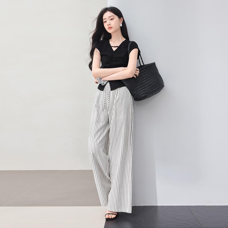 High waisted striped straight leg wide leg pants with crotch covering