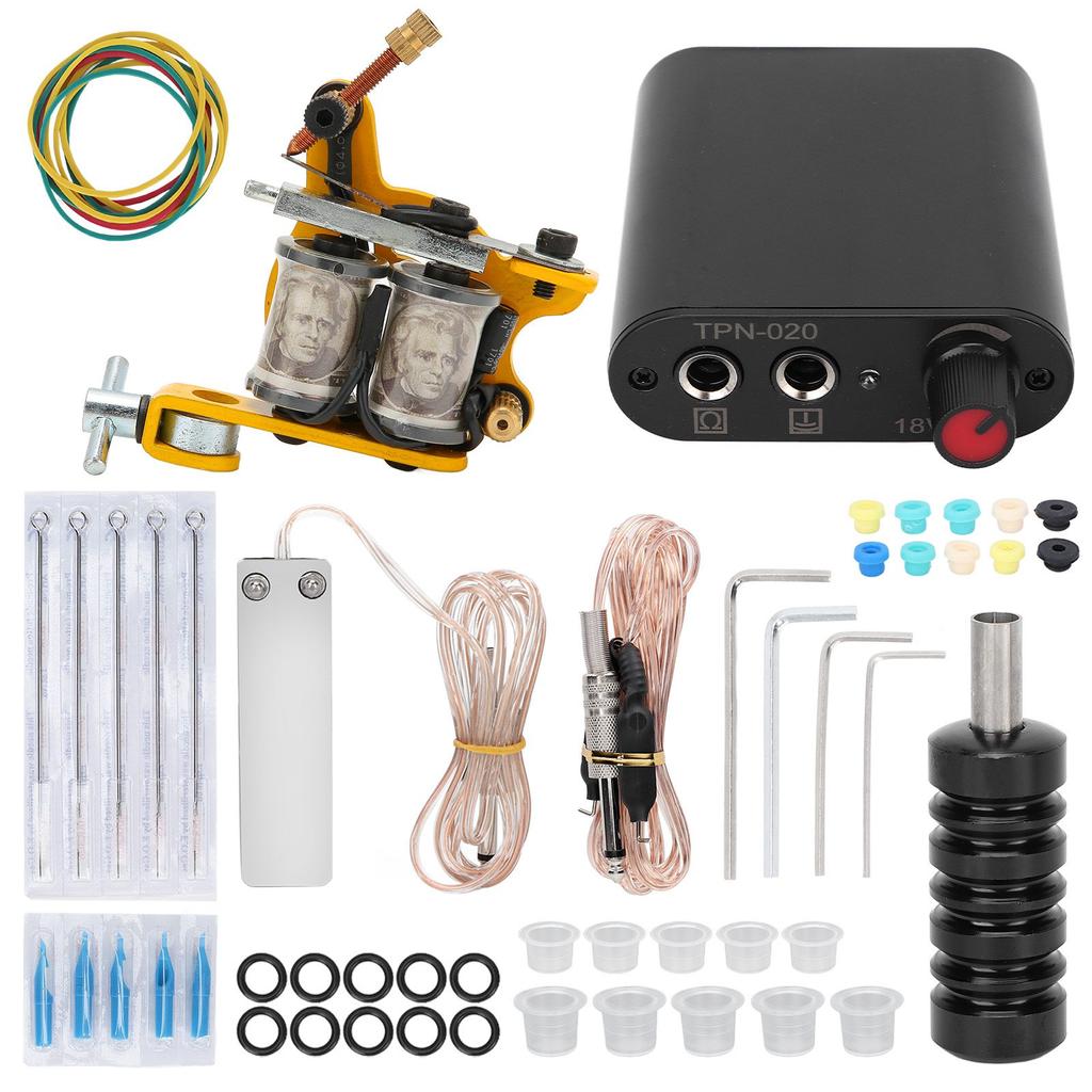 Набор для татуировки с катушкой, блок питания, шнур с зажимом, педаль, игла, чернильный стаканчик, набор для начинающих татуировок