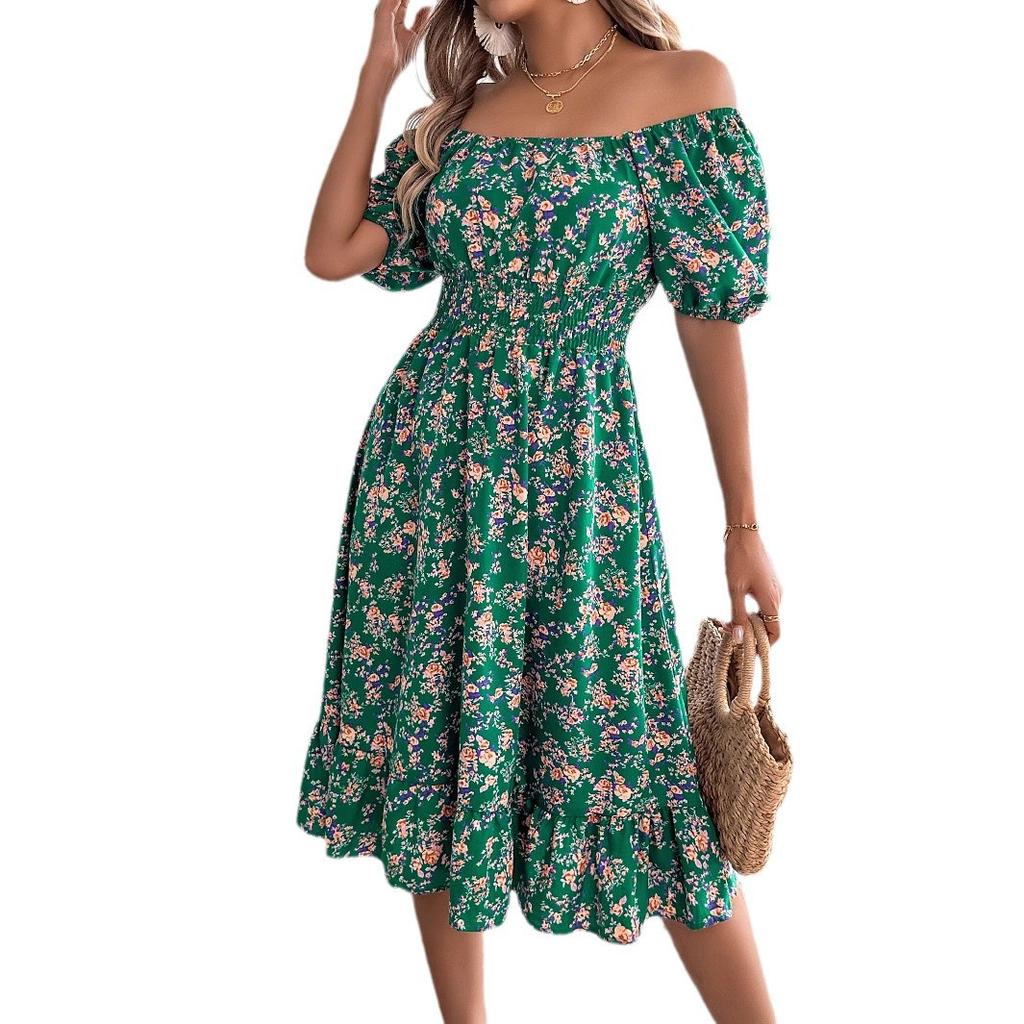 Spring and Summer Women's Floral Square Neck Short Sleeve Waist-slimming Ruffle A-line Dress