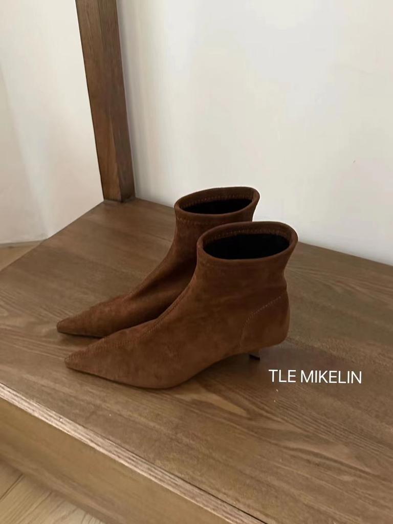 2025 Autumn and Winter New Suede Small Square Head Thin Heel Short Boots Women's Small Heel Temperament High Heels Elastic Thin Boots