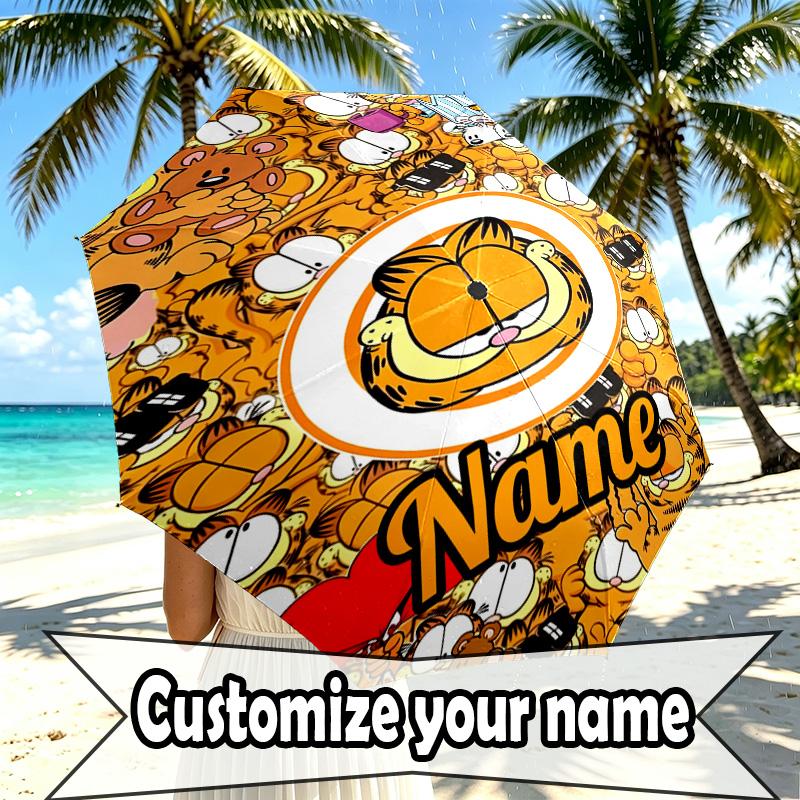 Custom Name Personalized Garfield Print Umbrella, Auto Open Close, 8‑Rib Sturdy Frame, Commute Camping Hiking Use, Birthday Gift