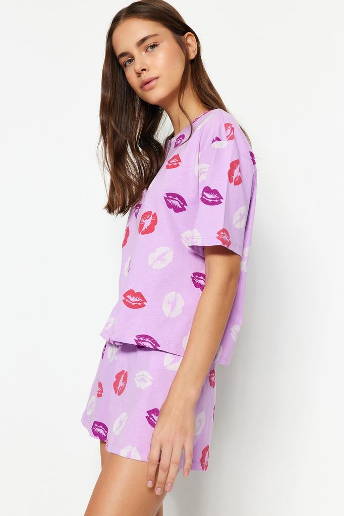 Women's Style Homewear Sleepwear White Multicolored 100% Cotton Fun Patterned Knitted Pajama Set