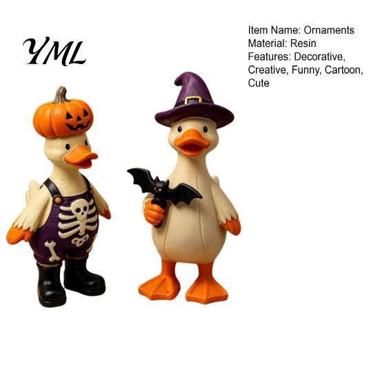 Vivid Halloween Room Decor 2Pcs Duck Figurine with Pumpkin/Witch Hat Design, Resin Statue Cute Desk Accessories Ornament, Funny Animal Sculpture