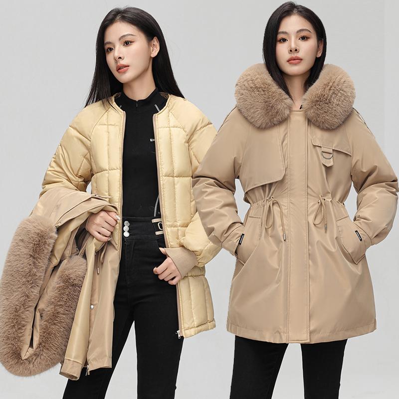 Autumn Winter Thicken Warm Detachable Parka Women Casual Fur Collar Solid Color Big Pocket Loose Hooded Coat Jackets Three-way Wear Outwear