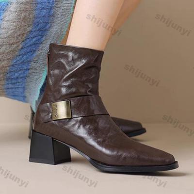 Винтажные ботильоны с квадратным носком для женщин Осень Зима Молния Черные Толстый каблук Короткие ботинки Женские из искусственной кожи Botas Mujer