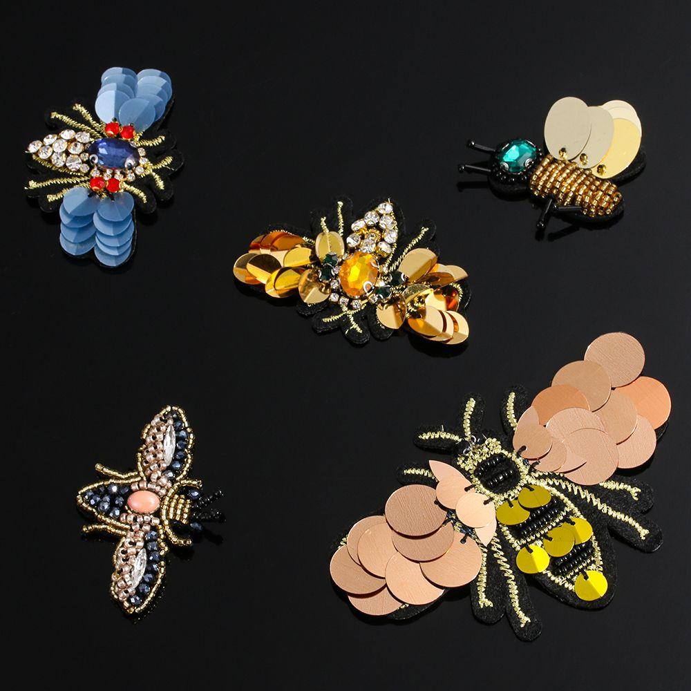 Rhinestone Apparel Sewing & Fabric Beaded Bee Badge Sew on Patch Sequin Patches Crystal Applique