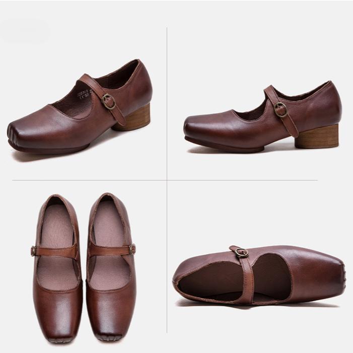 Johnature Туфли-лодочки из натуральной кожи с квадратным носком и пряжкой, модные однотонные женские туфли на среднем каблуке