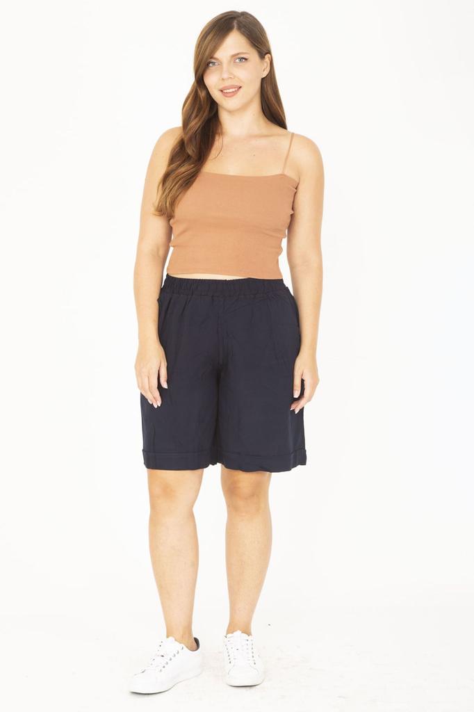 Женские модные шорты большого размера и бермуды большого размера, темно-синие шорты из вискозной ткани с эластичной резинкой на талии