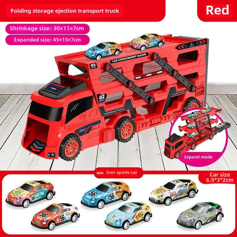 Детский автомобильный грузовик с 6 легкосплавными автомобилями, складной контейнер для хранения, игрушечный транспорт с выталкивающим рельсом для мальчиков 4-6 лет