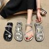 Fashion Crystal Ball Clip Toe Sandals Women Glitter Beading Flat Sandalias Mujer Two Wears Silver Leather Slides Summer Shoes for Woman