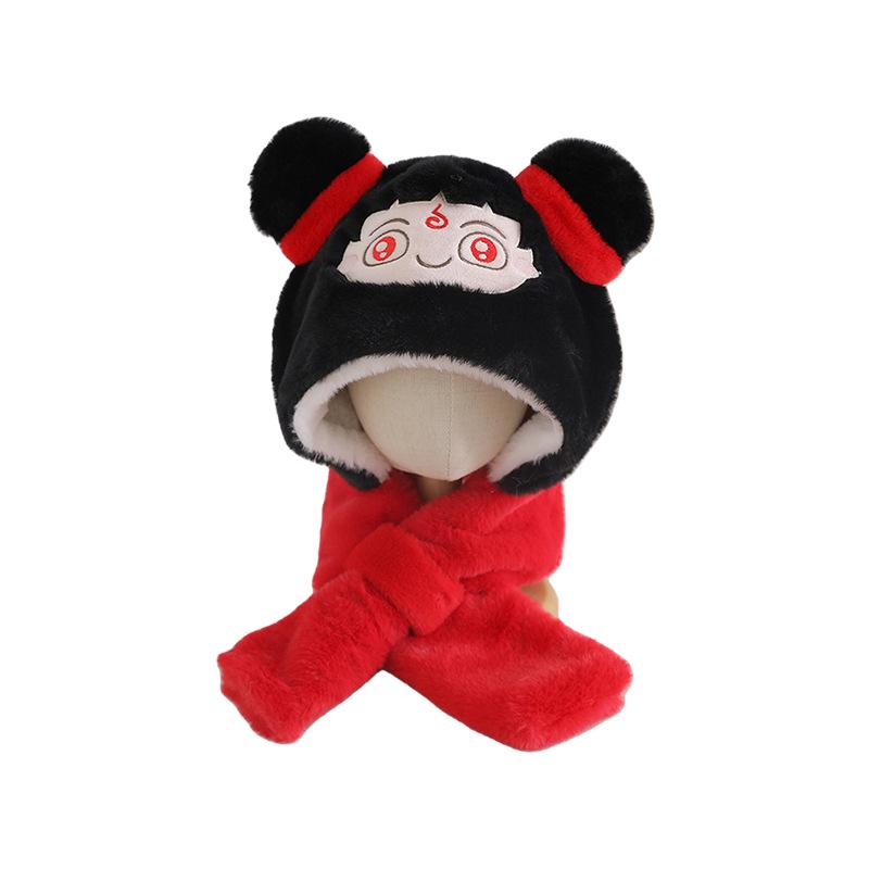 Children's Scarf and Hat All in One Festive and Cute Nezha Ear Protection Hat Warm and Thickened Plush Pullover Hat for Men and Women