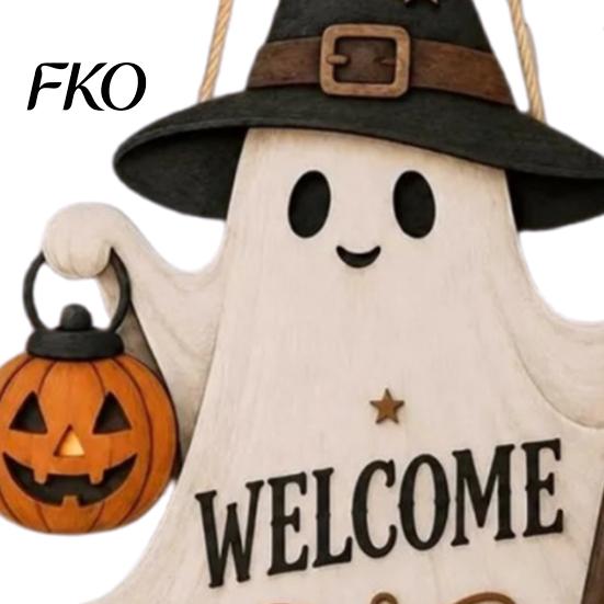 Spooky Halloween Decoration Wooden Hanging Door Sign, Cute Ghost Welcome Ornament with Witch Plaque Hat Pumpkin Lantern Design, Holiday Wall Decor
